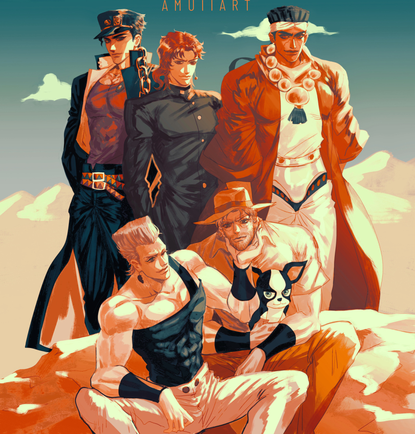 5boys, age_difference, amuii, beard, black_hair, blue_eyes, boston_terrier, chain, coat, collared_shirt, dark-skinned_male, dark_skin, derivative_work, desert, dog, earrings, facial_hair, gakuran, grey_hair, group_picture, happy, hat, headband, height_difference, highres, iggy_(jojo), jacket, jean_pierre_polnareff, jewelry, jojo_no_kimyou_na_bouken, joseph_joestar, joseph_joestar_(old), kakyoin_noriaki, kuujou_joutarou, male_focus, mohammed_avdol, multiple_boys, red_hair, school_uniform, screenshot_redraw, shirt, signature, sitting, sky, smile, standing, stardust_crusaders, white_hair