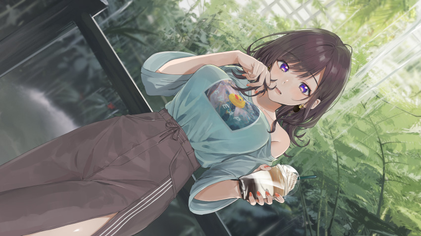 1girl, absurdres, armpit_peek, bare_shoulders, botanical_garden, breasts, brown_hair, brown_skirt