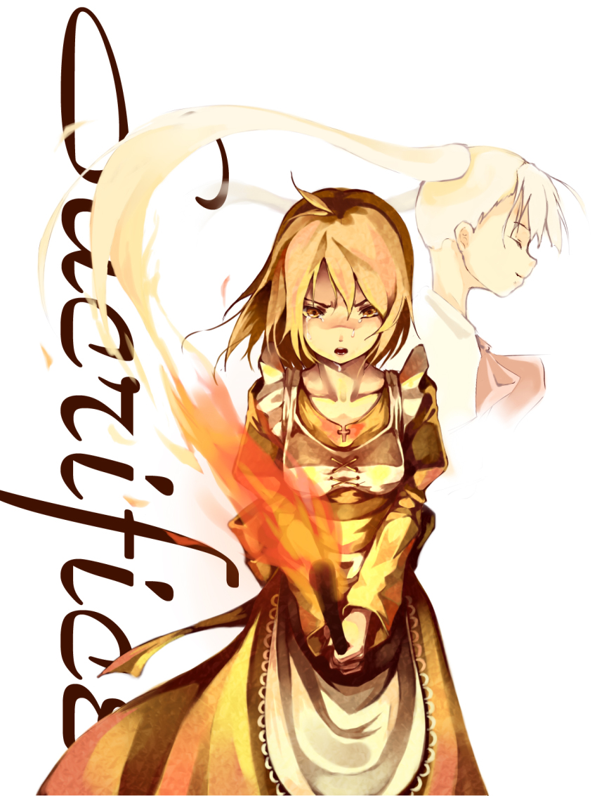 ahoge, brown_eyes, brown_hair, dress, elysion, fire, foge, highres