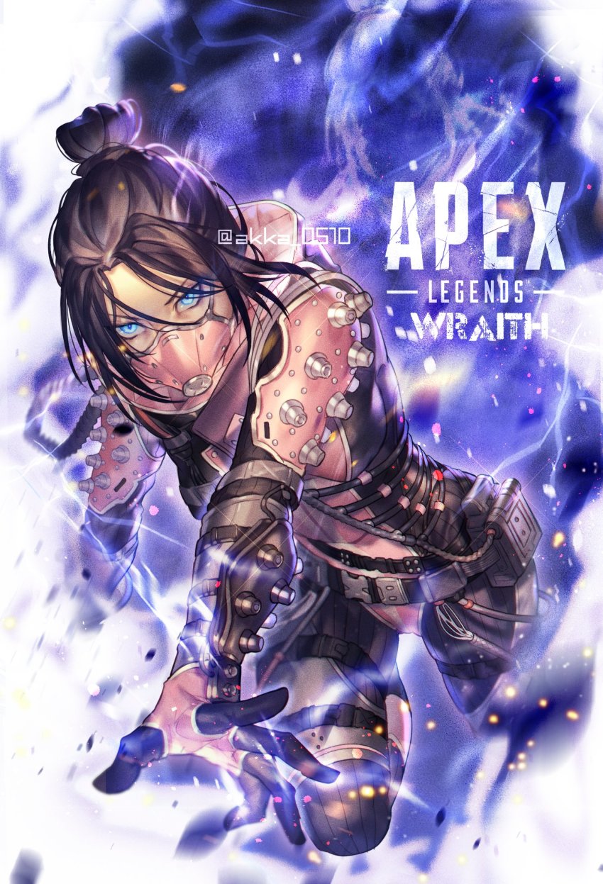 1girl, animification, apex_legends, arm_at_side, black_bodysuit, black_gloves, black_hair, blue_eyes