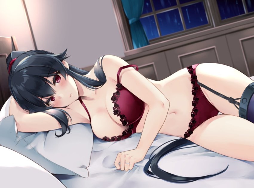 1girl, bed, black_hair, blush, bra, breasts, cleavage, collarbone