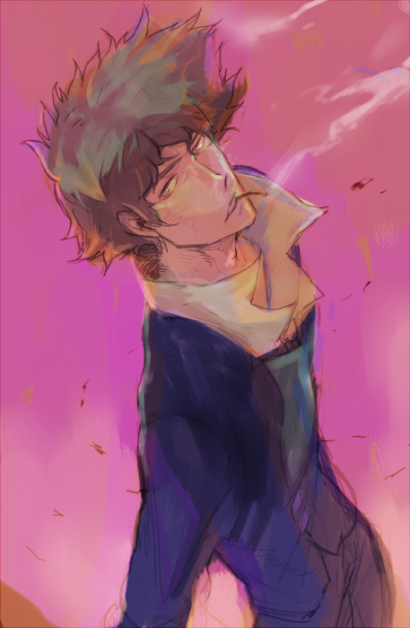 1990s_(style), 1boy, cigarette, closed_eyes, cowboy_bebop, gradient_background, male_focus, retro_artstyle, smoke, smoking, solo, spike_spiegel, suka_k, traditional_media, wind