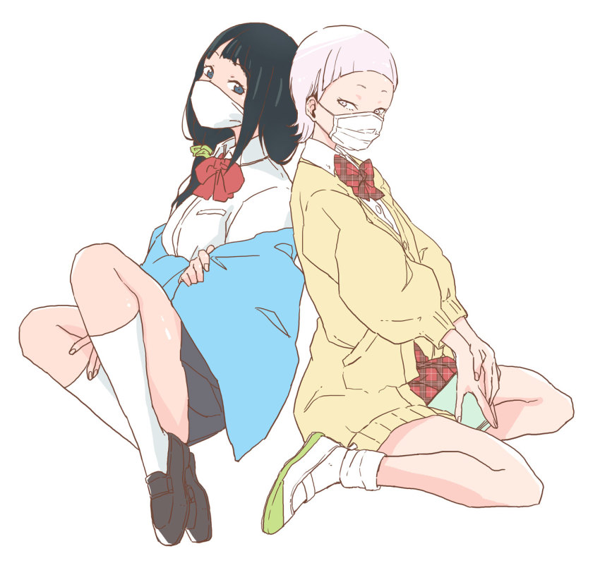 2girls, accessory_connection, back-to-back, black_hair, blue_eyes, book, cardigan, chiwa_(fcwv5738), crossover, eyebrows, grey_eyes, gridman_universe, hassu, highres, legs, loafers, long_hair, low-tied_long_hair, mask, mask_senpai, mouth_mask, multiple_girls, necktie, otome_no_teikoku, red_neckwear, school_uniform, scrunchie, shirt, shoes, short_hair, silver_hair, sitting, socks, ssss.gridman, surgical_mask, towel, white_shirt, white_socks