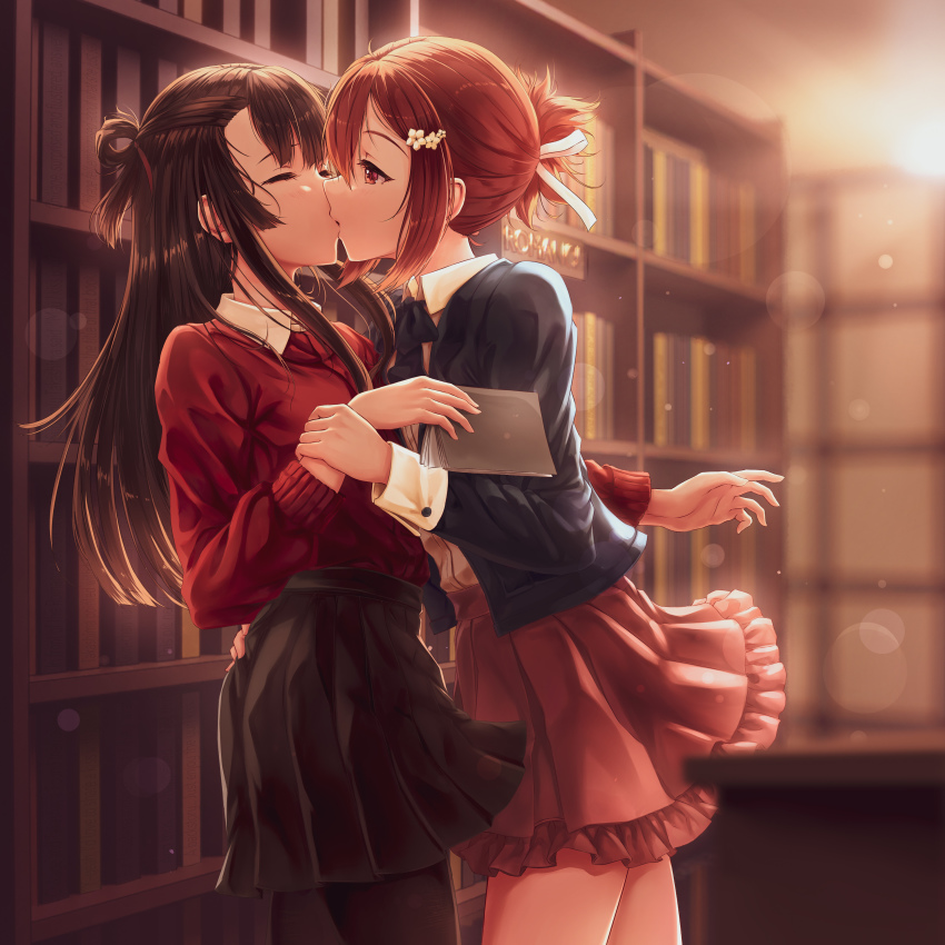 2girls, absurdres, black_hair, black_jacket, black_ribbon, black_skirt, book, bookshelf