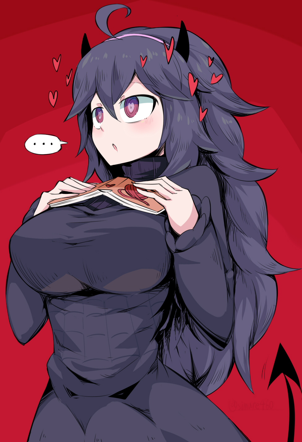 ..., 1girl, ahoge, alternate_breast_size_(larger), blush, book, breasts, cosplay, demon_tail, dress, female_focus, fusion, hair_between_eyes, hairband, heart, heart-shaped_pupils, helltaker, hex_maniac_(pokemon), hex_maniac_(pokemon_xy), highres, horns, large_breasts, long_dress, long_hair, messy_hair, modeus_(helltaker), modeus_(helltaker)_(cosplay), nintendo, open_mouth, pokemon, pokemon_x_and_y, purple_eyes, purple_hair, purple_hairband, red_background, shimure_(460), solo, speech_bubble, spider_web_print, symbol-shaped_pupils, tail, turtleneck