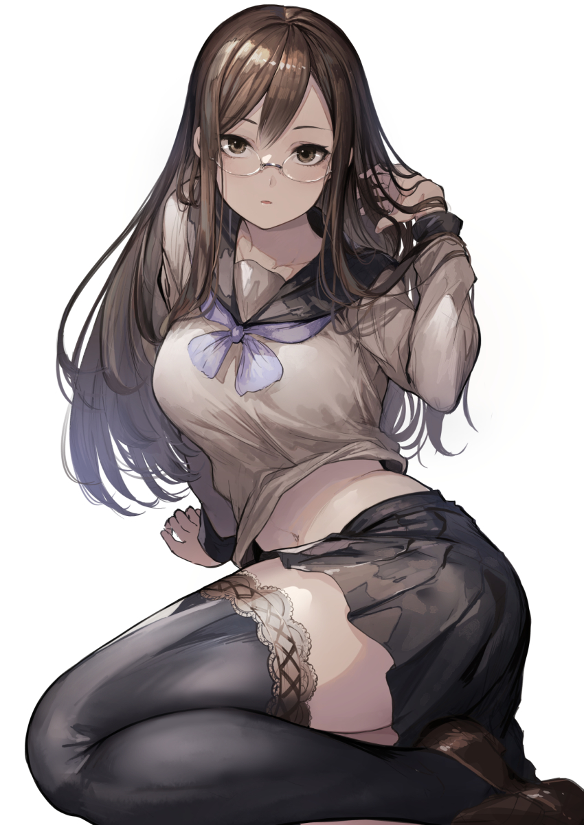 1girl, arm_support, arm_up, black_skirt, black_thighhighs, brown_hair, brown_shoes, collarbone