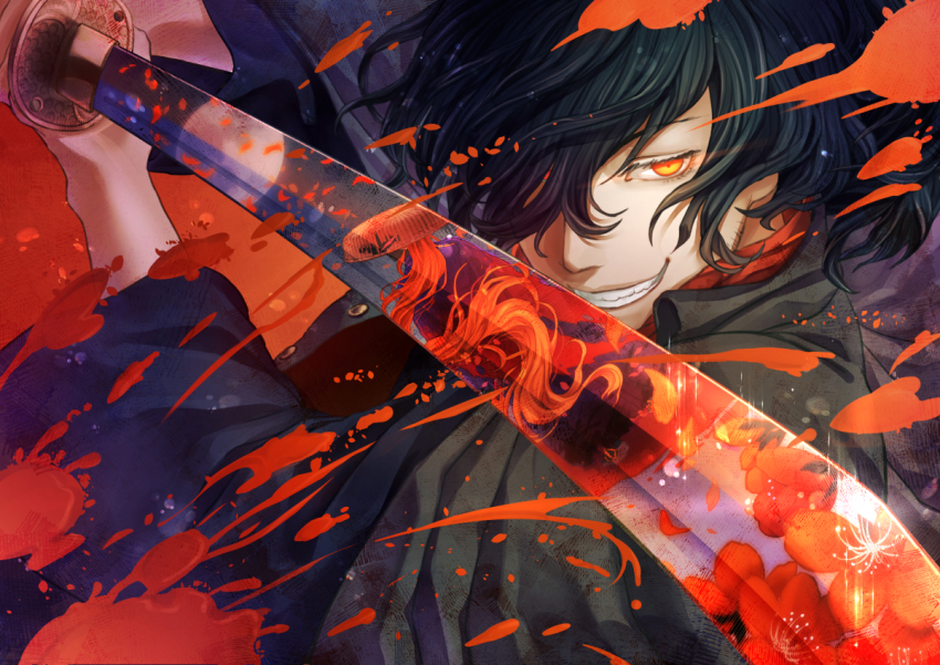 1boy, alternate_costume, black_hair, blood, blood_splatter, chidoriasunaro, close-up, fate/grand_order, fate_(series), fighting_stance, glowing, glowing_eye, hair_over_one_eye, hat, holding, holding_weapon, japanese_clothes, katana, koha-ace, long_hair, long_sleeves, looking_at_viewer, male_focus, okada_izou_(fate), ponytail, red_eyes, reflection, scarf, smile, solo, sword, weapon