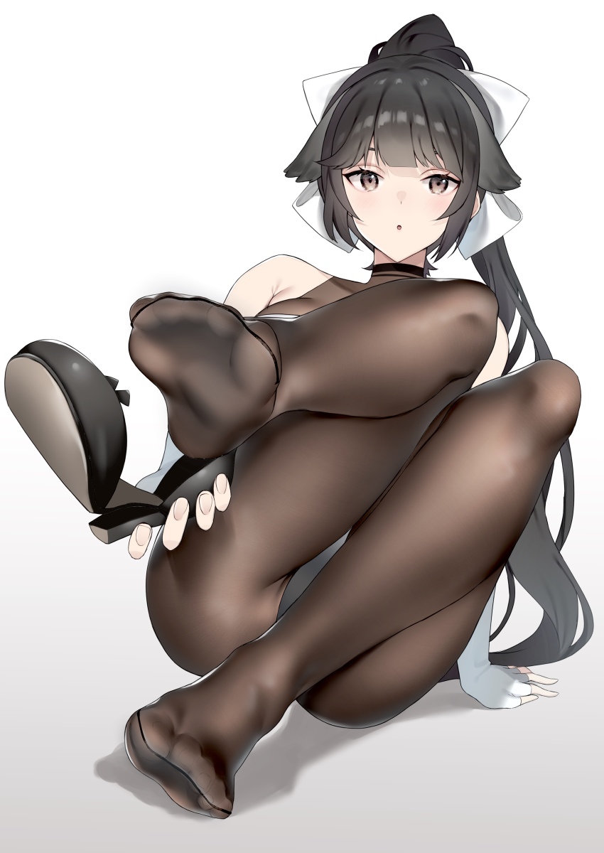 1girl, :o, absurdres, arm_at_side, arm_support, azur_lane, bare_shoulders, black_hair, black_pantyhose, black_shoes, blush, bow, breasts, buta_tamako, collarbone, commentary_request, elbow_gloves, eyelashes, feet, female_focus, fingerless_gloves, fingernails, foot_focus, foreshortening, gloves, gradient_background, hair_bow, hair_ears, hair_flaps, high_heels, highres, holding, holding_shoes, holding_unworn_clothes, impossible_clothes, knees_up, leotard, long_hair, looking_at_viewer, multicolored_leotard, nail_polish, no_shoes, open_mouth, pantyhose, pink_nails, ponytail, race_queen, reclining, shoes, sidelocks, sitting, soles, solo, takao_(azur_lane), takao_(full_throttle_charmer)_(azur_lane), toes, turtleneck, two-tone_leotard, unitard, unworn_shoes, very_long_hair, white_bow, white_gloves
