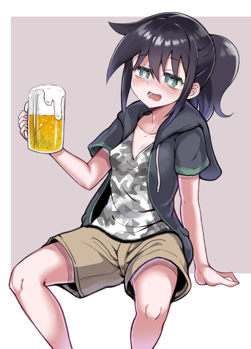 1girl, :d, alcohol, beer, beer_mug, black_hair, black_hoodie, blush
