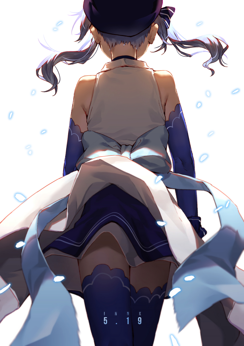 1girl, absurdres, back, back_bow, back_focus, beret, blue_hair, blue_hat, blue_thighhighs, bow, cowboy_shot, detached_sleeves, facing_away, female_focus, from_behind, hat, highres, hololive, hoshimachi_suisei, hoshimachi_suisei_(old_design), medium_hair, nape, shirt, sidelocks, sleeveless, sleeveless_shirt, solo, thighhighs, tsukino_(nakajimaseiki), virtual_youtuber, zettai_ryouiki