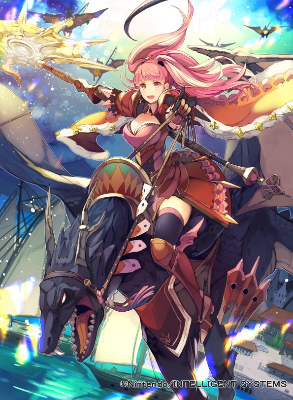1girl, axe, breasts, cleavage, company_name, copyright_name, dragon, female_focus, fire_emblem, fire_emblem:_three_houses, fire_emblem_cipher, freikugel, gloves, hilda_valentine_goneril, holding, holding_axe, kurosawa_tetsu, long_hair, matching_hair/eyes, nintendo, official_art, open_mouth, pink_eyes, pink_hair, riding, ship, sky, solo_focus, thighhighs, twintails, watercraft, wyvern