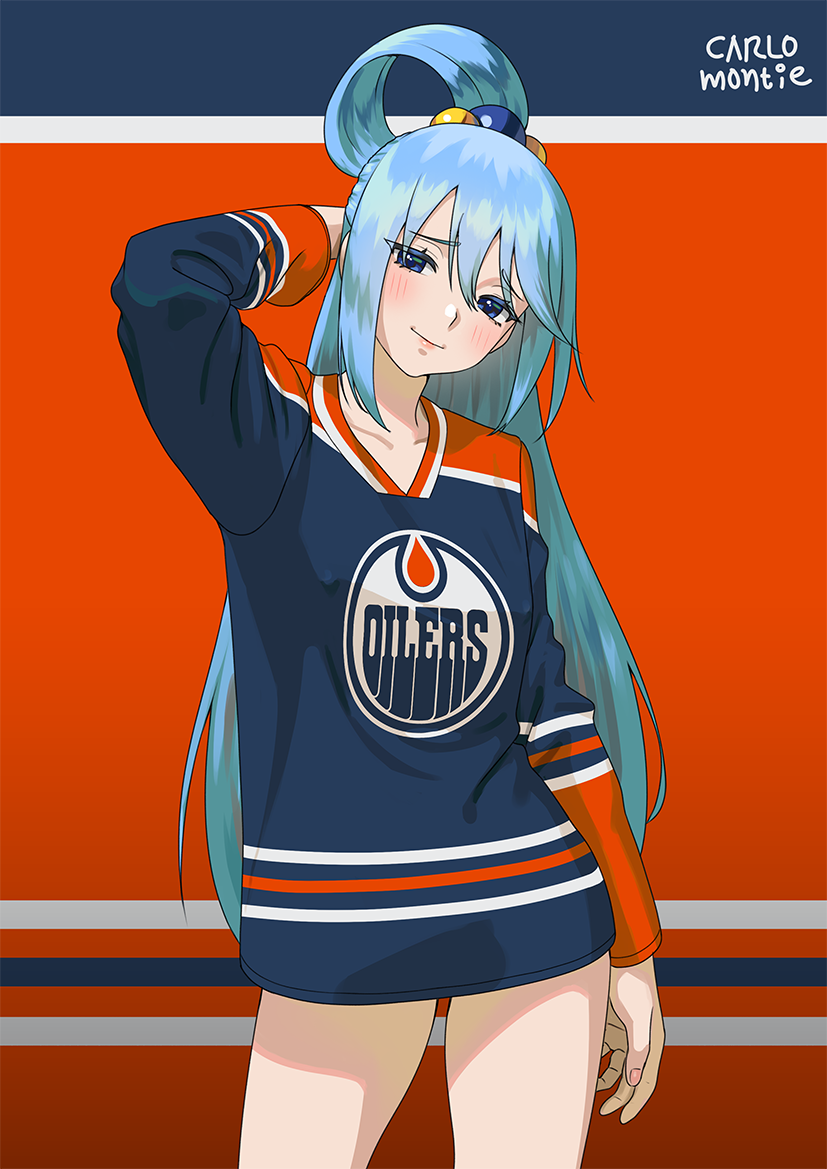1girl, aqua_(konosuba), arm_behind_head, arm_up, artist_name, blue_eyes, blue_hair, blush, breasts, carlo_montie, clothes_writing, collarbone, commentary, commission, covered_erect_nipples, cowboy_shot, edmonton_oilers, female_focus, hair_between_eyes, hair_ornament, hair_rings, hockey_sweater, kono_subarashii_sekai_ni_shukufuku_wo!, long_hair, long_sleeves, looking_at_viewer, medium_breasts, national_hockey_league, ponytail, smile, solo, sphere_hair_ornament, sportswear, standing, very_long_hair