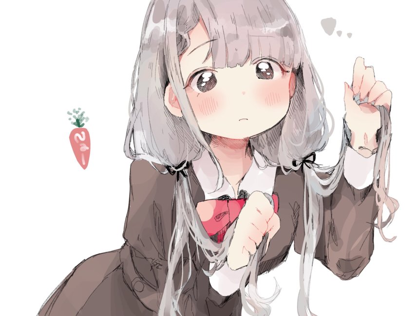 1girl, blunt_bangs, blush, bow, bowtie, brown_dress, brown_eyes, collared_dress, dress, female_focus, grey_hair, highres, holding, holding_own_hair, juliet_sleeves, leaning_forward, long_hair, long_sleeves, original, puffy_sleeves, pyapyupyo9101, red_bow, red_bowtie, simple_background, solo, upper_body, white_background