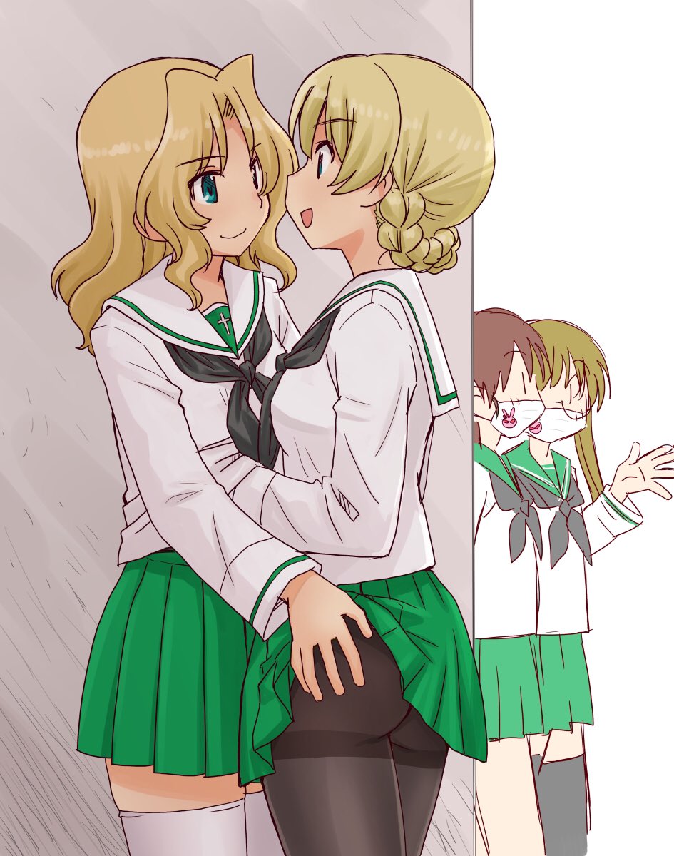 4girls, alternate_costume, ass, ass_grab, black_legwear, black_neckerchief, blonde_hair, blue_eyes, braid, clothes_lift, darjeeling_(girls_und_panzer), girls_und_panzer, glasses, green_skirt, hair_intakes, hand_under_clothes, hand_under_shirt, highres, kay_(girls_und_panzer), long_sleeves, looking_at_another, mask, mouth_mask, multiple_girls, neckerchief, ooarai_school_uniform, oono_aya, pantyhose, pleated_skirt, school_uniform, serafuku, shirt, skirt, skirt_lift, smile, thighband_pantyhose, thighhighs, thighs, uona_telepin, white_legwear, white_shirt, yuri