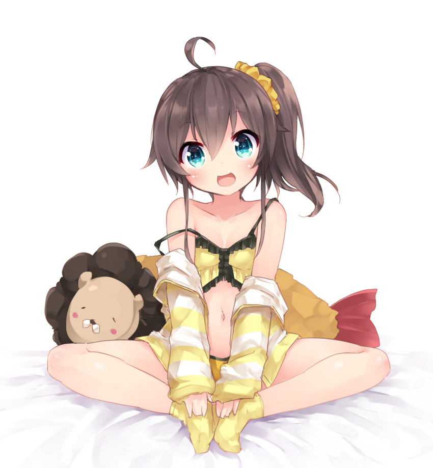 1girl, ahoge, breasts, brown_hair, butterfly_sitting, camisole, cardigan, crop_top