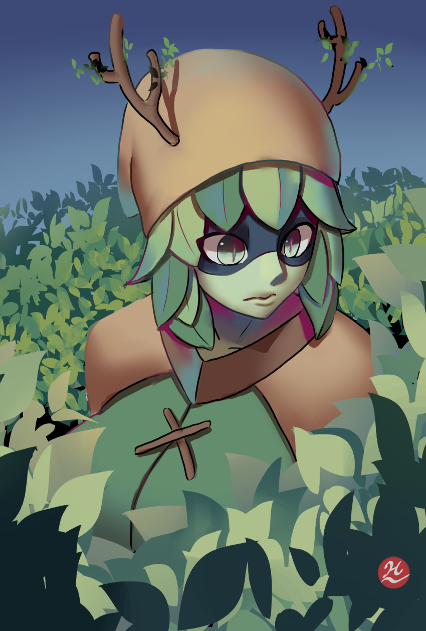 1girl, adventure_time, blue_sky, brown_hat, brown_horns, closed_mouth, colored_skin, female_focus, green_eyes, green_hair, green_skin, hat, highres, horns, huntress_wizard, leaf, looking_away, maboroshi_kirin, medium_hair, plant_hair, sky, slit_pupils, solo, upper_body