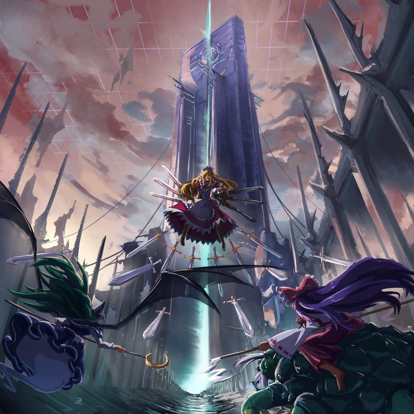 1boy, 3girls, apron, arm_ribbon, black_footwear, blonde_hair, blue_capelet, blue_headwear, blue_shirt, blue_skirt, boots, bow, building, capelet, closed_mouth, cloud, cloudy_sky, crescent_moon, david_hrusa, demon_wings, dress, expressionless, frilled_apron, frilled_skirt, frills, genjii_(touhou), ghost_tail, gohei, green_hair, hair_bow, hair_tubes, hakama, hakama_skirt, hakurei_reimu, hakurei_reimu_(pc-98), hat, hat_ribbon, headwear_request, highres, holding, holding_sword, holding_weapon, japanese_clothes, kimono, light_beam, long_hair, long_sleeves, maid, maid_apron, maid_headdress, miko, mima_(touhou), moon, multiple_girls, multiple_swords, multiple_weapons, mystic_square, pentagram, pink_sky, puffy_sleeves, purple_hair, red_bow, red_dress, red_legwear, ribbon, shirt, sidelocks, skirt, sky, staff, sun_print, sword, touhou, touhou_(pc-98), turtle, wand, wavy_hair, weapon, white_ribbon, wide_sleeves, wings, wizard_hat, wrist_cuffs, yumeko_(touhou)