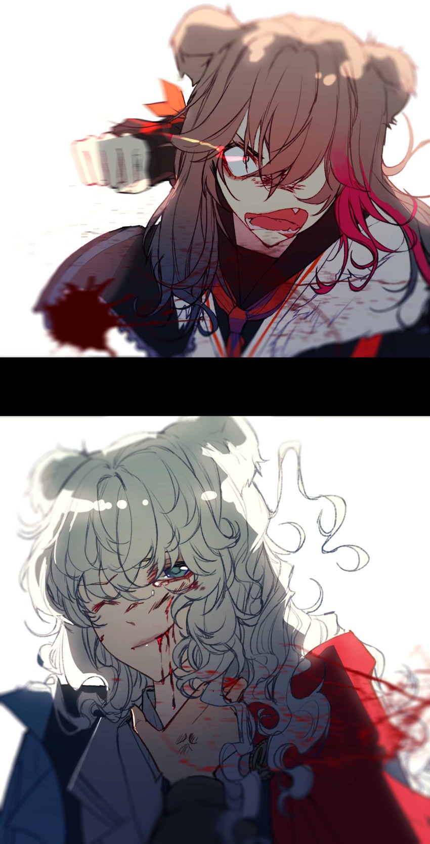 2girls, absurdres, animal_ears, arknights, asphyxiation, bear_ears, black_jacket, black_legwear