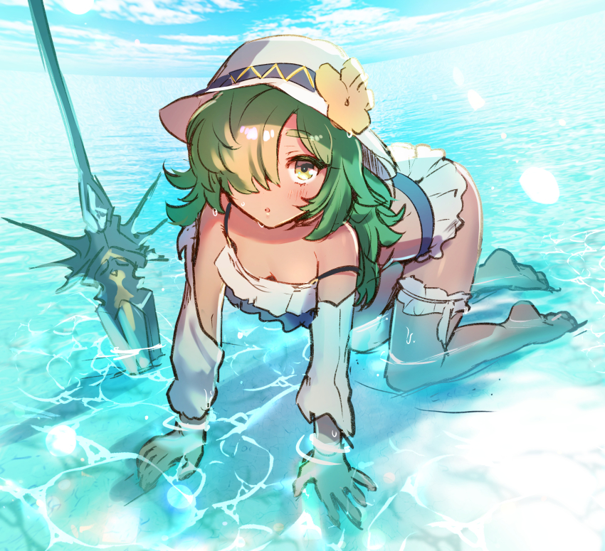 1girl, all_fours, bikini, female_focus, flower, granblue_fantasy, green_eyes, green_hair