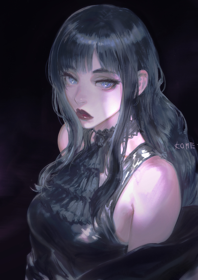 1girl, bare_shoulders, black_dress, black_hair, blue_eyes, clothing_cutout, dress, female_focus, final_fantasy, final_fantasy_xiv, frischenq, gaia_(ff14), goth_fashion, halter_dress, halterneck, lips, long_hair, looking_at_viewer, red_lips, shoulder_cutout, simple_background, solo, upper_body