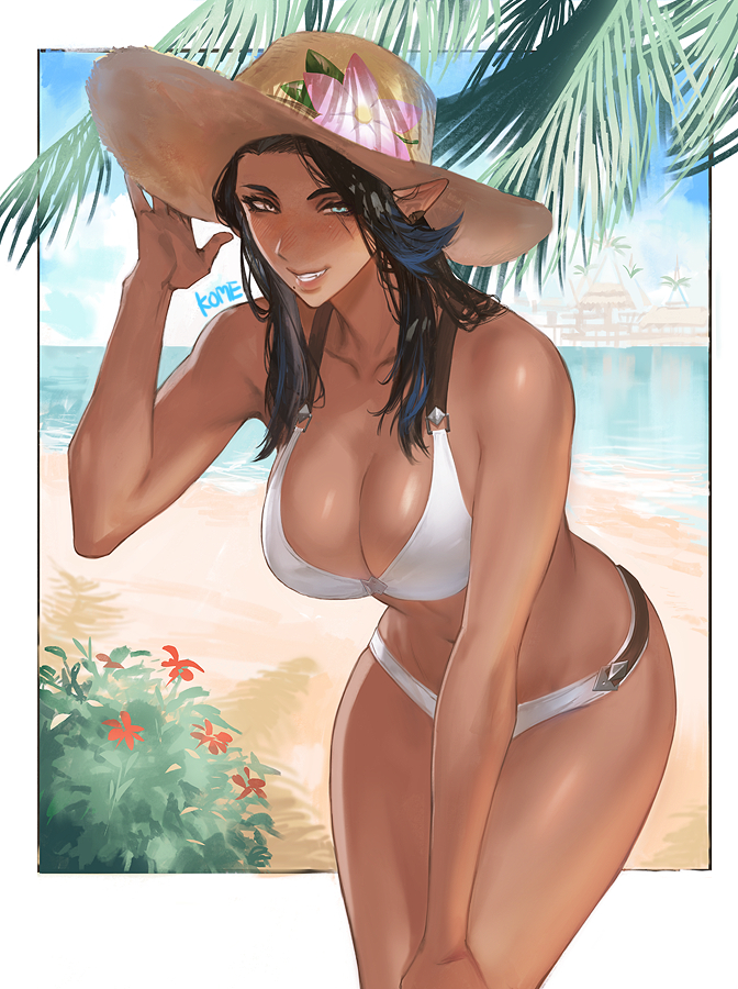 1girl, bad_id, bad_pixiv_id, beach, bikini, black_hair, blush, cowboy_shot, dark-skinned_female, dark_skin, elezen, elf, female_focus, final_fantasy, final_fantasy_xiv, frischenq, hat, heterochromia, leaning_forward, long_hair, looking_at_viewer, pointy_ears, smile, solo, swimsuit, teeth, warrior_of_light_(ff14), white_bikini