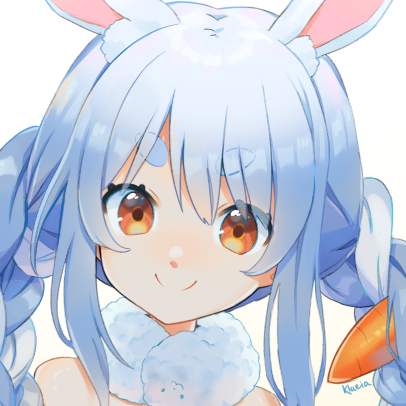 1girl, animal_ear_fluff, animal_ears, artist_name, bare_shoulders, blue_hair, braid, carrot_hair_ornament