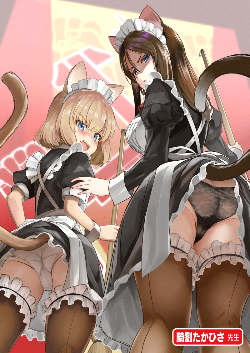 2girls, alternate_costume, animal_ears, apron, artist_name, ass, black_dress, black_hair, black_legwear, black_panties, blonde_hair, blush_stickers, bob_cut, broom, butt_crack, cat_ears, cat_tail, crotch_seam, dress, emblem, enmaided, fake_animal_ears, fake_tail, frilled_dress, frills, frown, garter_straps, girls_und_panzer, holding, holding_broom, katyusha_(girls_und_panzer), kiryuu_takahisa, lifted_by_tail, long_hair, maid, maid_apron, maid_headdress, multiple_girls, nonna_(girls_und_panzer), open_mouth, panties, parted_lips, pravda_(emblem), short_dress, swept_bangs, tail, thighhighs, trefoil, underwear, upskirt, v-shaped_eyebrows, white_apron, white_panties
