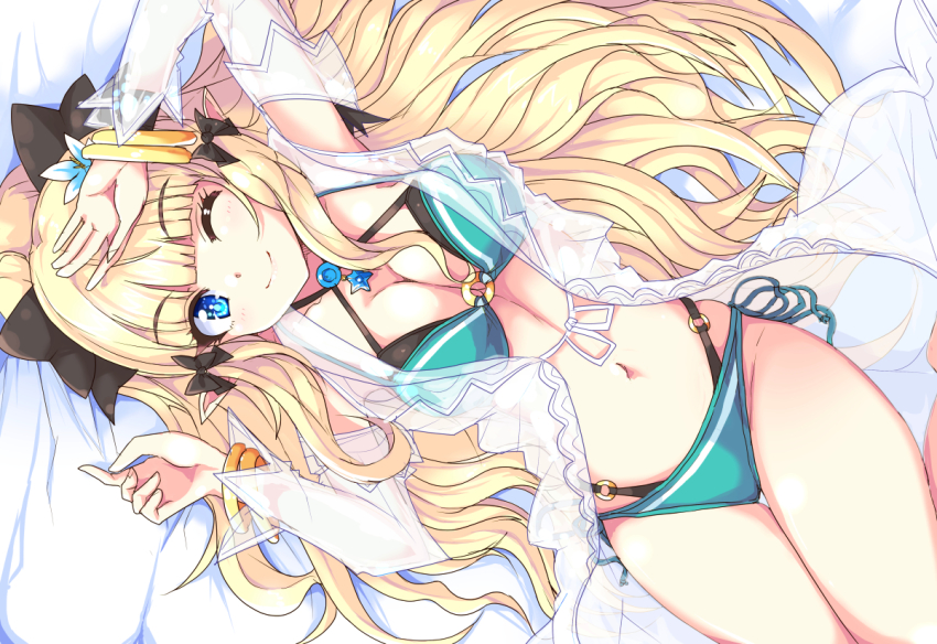 1girl, ;), aqua_bikini, bikini, black_bow, blonde_hair, blue_eyes, blush