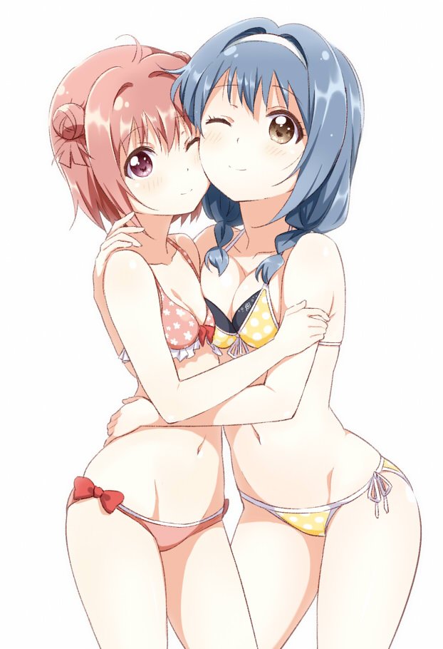 2girls, akaza_akari, bikini, blue_hair, blush, breasts, brown_eyes, cleavage