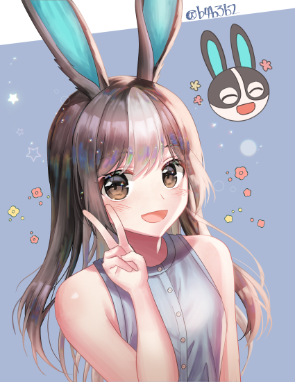 1girl, 4b, :d, animal_ears, bare_arms, bare_shoulders, blue_background, blush, brown_hair, rabbit, rabbit_ears, dotty_(animal_crossing), animal_crossing, flower, grey_shirt, hand_up, humanization, long_hair, multicolored_hair, nintendo, open_mouth, rabbit_girl, shirt, silver_hair, sleeveless, sleeveless_shirt, smile, twitter_username, two-tone_background, two-tone_hair, upper_body, v