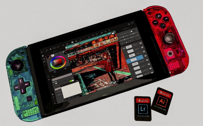 1girl, adobe, cartridge, commentary_request, controller, film_grain, game_cartridge, game_console