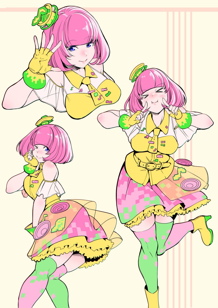 >_<, >_o, 1girl, absurdres, ass, blue_eyes, commentary, fingerless_gloves, gloves, hand_on_own_cheek, hand_on_own_face, high_heels, highres, kamen_rider, kamen_rider_ex-aid_(series), lee_brocco, leg_up, light_smile, multiple_views, necktie, one_eye_closed, open_hand, pink_hair, poppi_pipopapo, short_hair, thighhighs, yellow_background, yellow_gloves, zettai_ryouiki