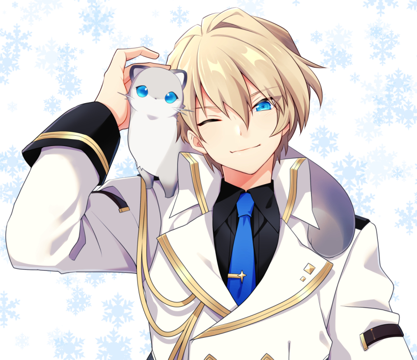 1boy, animal, animal_on_shoulder, black_shirt, blonde_hair, blue_eyes, blue_necktie, closed_mouth