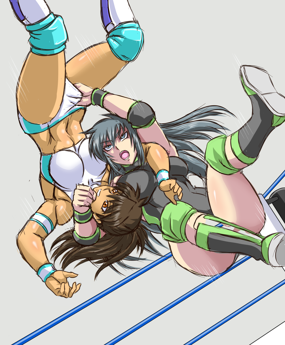 2girls, blue_eyes, boots, brainbuster, brown_hair, elbow_pads, fuyumi_natsuko, highres