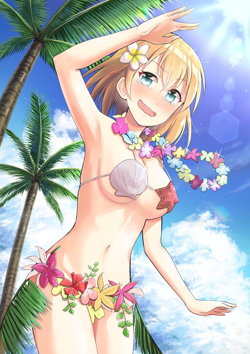 1girl, absurdres, aqua_eyes, arm_up, armpits, bikini, blonde_hair, blush, flower, flower_necklace, flower_on_head, flower_skirt, hand_up, highres, jewelry, jirozero0914, leaf_skirt, lens_flare, medium_hair, necklace, outdoors, outstretched_hand, palm_leaf, palm_tree, palms, rainbow, seashell, shell, shell_bikini, skirt, sky, sparkle, starfish, starfish_on_breast, sun, tagme, tearing_up, tears, tree