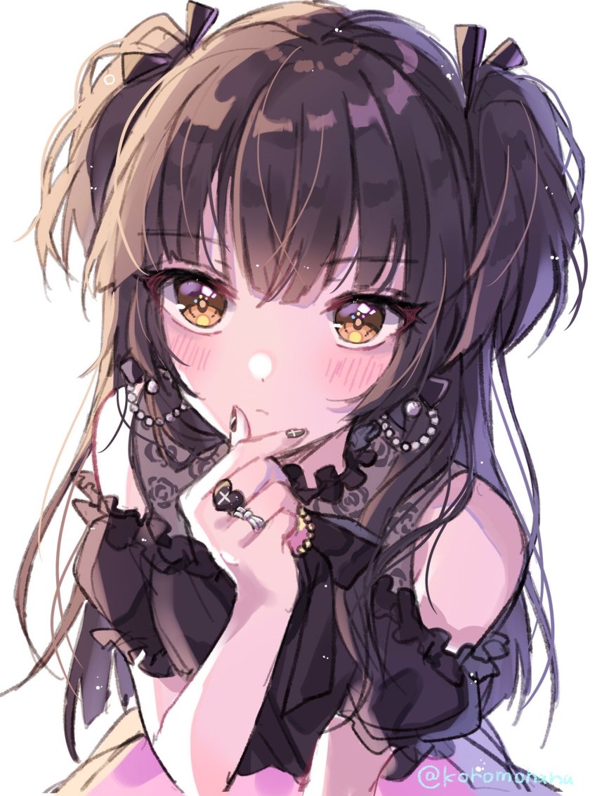 1girl, bare_shoulders, black_hair, black_shirt, blouse, brown_eyes, commentary_request, earrings