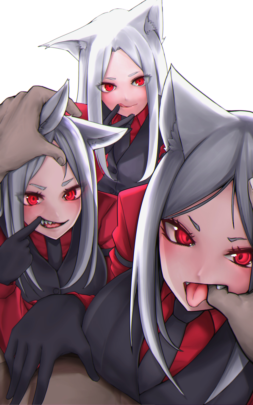 1boy, 3girls, absurdres, animal_ears, arm_garter, black_gloves, black_neckwear, breasts, cerberus_(helltaker), commentary_request, creid, demon_girl, demon_tail, dog_ears, dog_girl, fangs, finger_in_another's_mouth, finger_to_mouth, gloves, hand_on_another's_head, helltaker, helltaker_(character), highres, large_breasts, long_hair, looking_at_viewer, multiple_girls, open_mouth, red_eyes, red_shirt, sharp_teeth, shirt, smile, tail, teeth, tongue, tongue_out, triplets, vest, waistcoat, white_hair