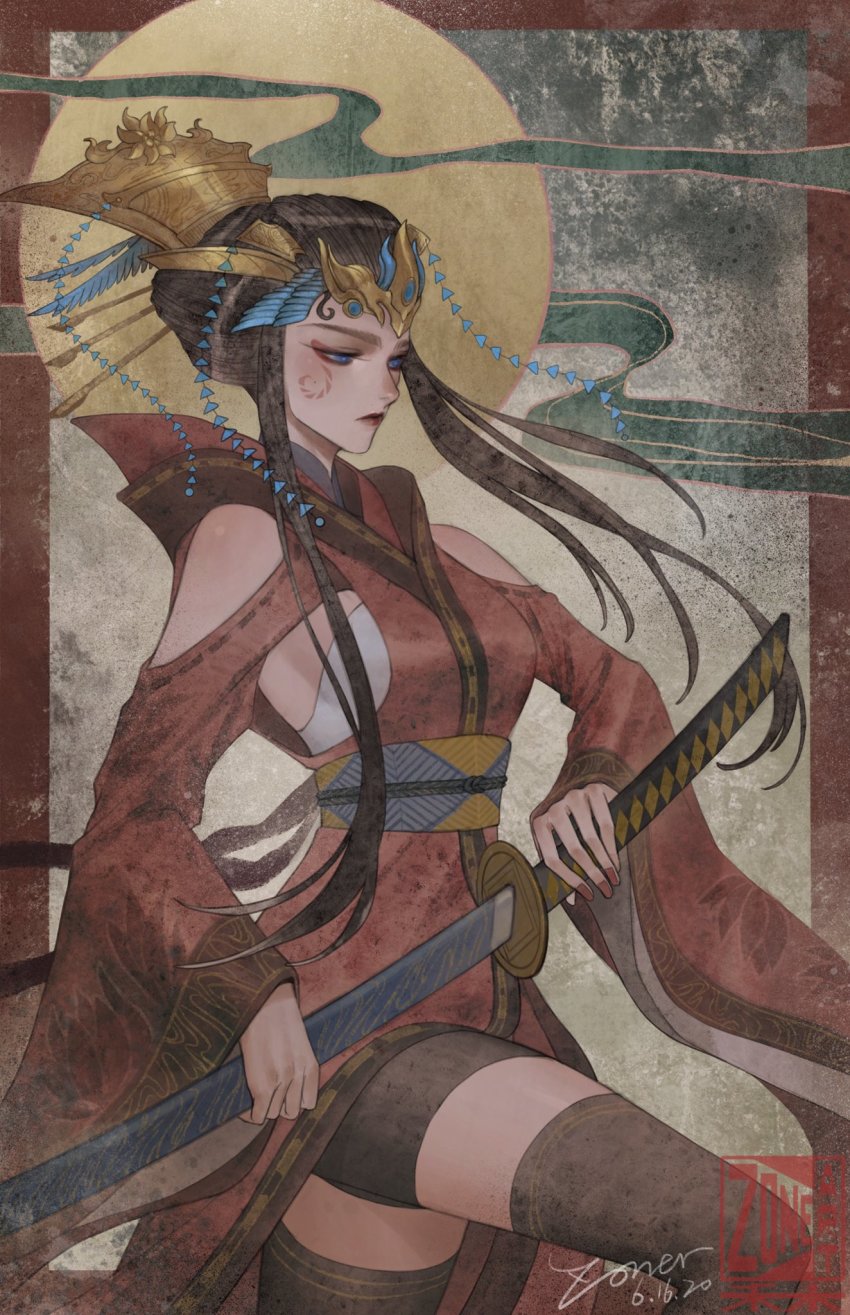 1girl, blue_eyes, brown_hair, commentary, crossover, english_commentary, engrish_commentary, female_focus, highres, holding, holding_sword, holding_weapon, japanese_clothes, jinguang_budaixi, kimono, long_hair, looking_down, nail_polish, personification, red_nails, sheath, sheathed, sidelocks, solo, sword, transformers, weapon, windblade, zoner