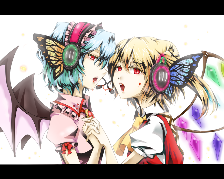 2girls, blonde_hair, blood, blue_hair, butterfly_wings, female_focus, flandre_scarlet, headphones, headset, holding_hands, insect_wings, izumo_sakuto, letterboxed, magnet_(vocaloid), moroha5121, multiple_girls, open_mouth, parody, red_eyes, remilia_scarlet, siblings, sisters, touhou, upper_body, vocaloid, wings, yuri