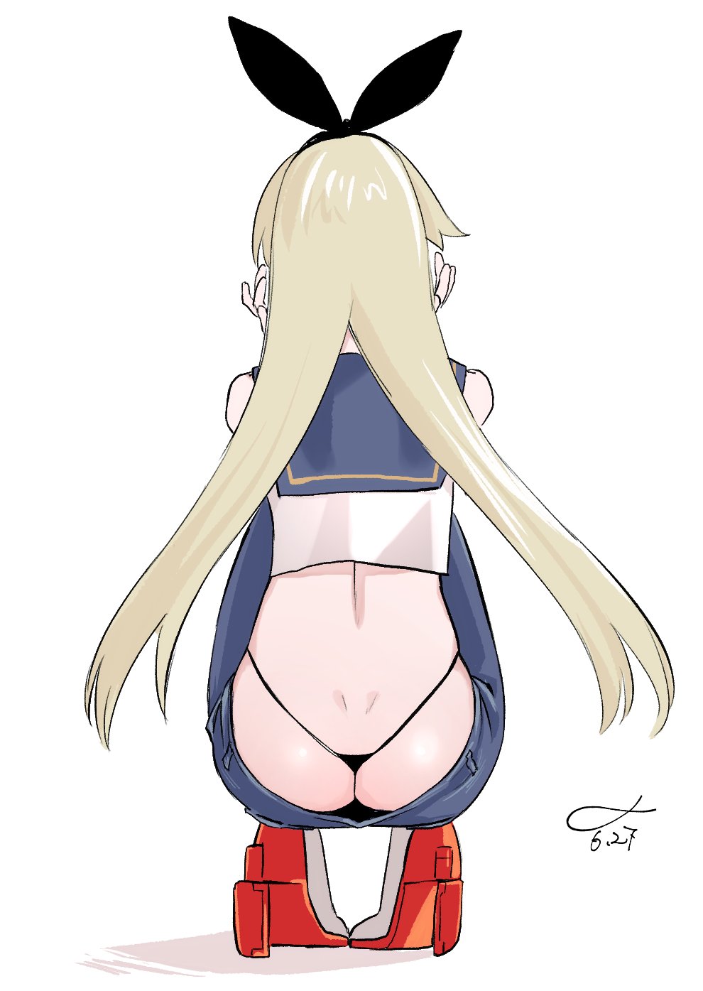 1girl, ass, black_hairband, black_panties, blonde_hair, blue_pants, blue_sailor_collar, butt_crack, crop_top, dated, denim, dimples_of_venus, downpants, female_focus, from_behind, hairband, highleg, highleg_panties, highres, jeans, kantai_collection, long_hair, panties, pants, rudder_footwear, sailor_collar, shimakaze_(kancolle), shishanmo, signature, simple_background, solo, squatting, underwear, whale_tail_(clothing), white_background
