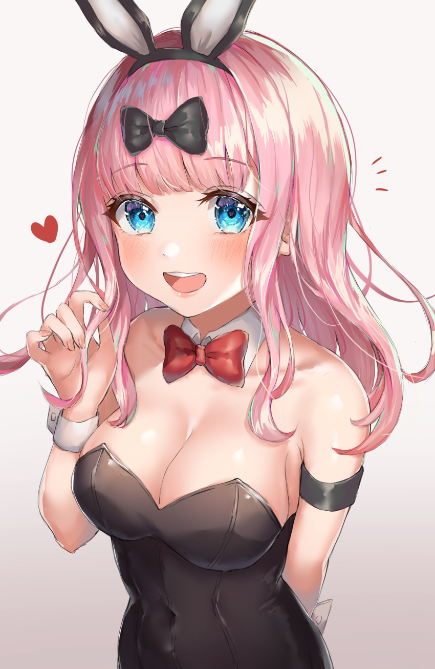 1girl, :d, ^^^, absurdres, animal_ears, arm_behind_back, arm_strap, bare_shoulders, black_leotard, blue_eyes, blunt_bangs, blush, bow, bowtie, breasts, cleavage, collarbone, covered_navel, detached_collar, fake_animal_ears, female_focus, fujiwara_chika, gradient_background, grey_background, heart, highres, kaguya-sama_wa_kokurasetai_~tensai-tachi_no_renai_zunousen~, leotard, long_hair, looking_at_viewer, medium_breasts, open_mouth, pink_hair, playboy_bunny, rabbit_ears, red_bow, red_bowtie, round_teeth, sidelocks, smile, solo, strapless, strapless_leotard, syatihoko, teeth, upper_body, upper_teeth_only, wrist_cuffs