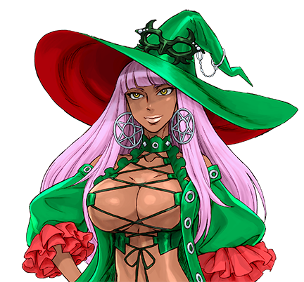 10s, 1girl, bandai, blunt_bangs, breasts, cleavage, criss-cross_halter, culdcept