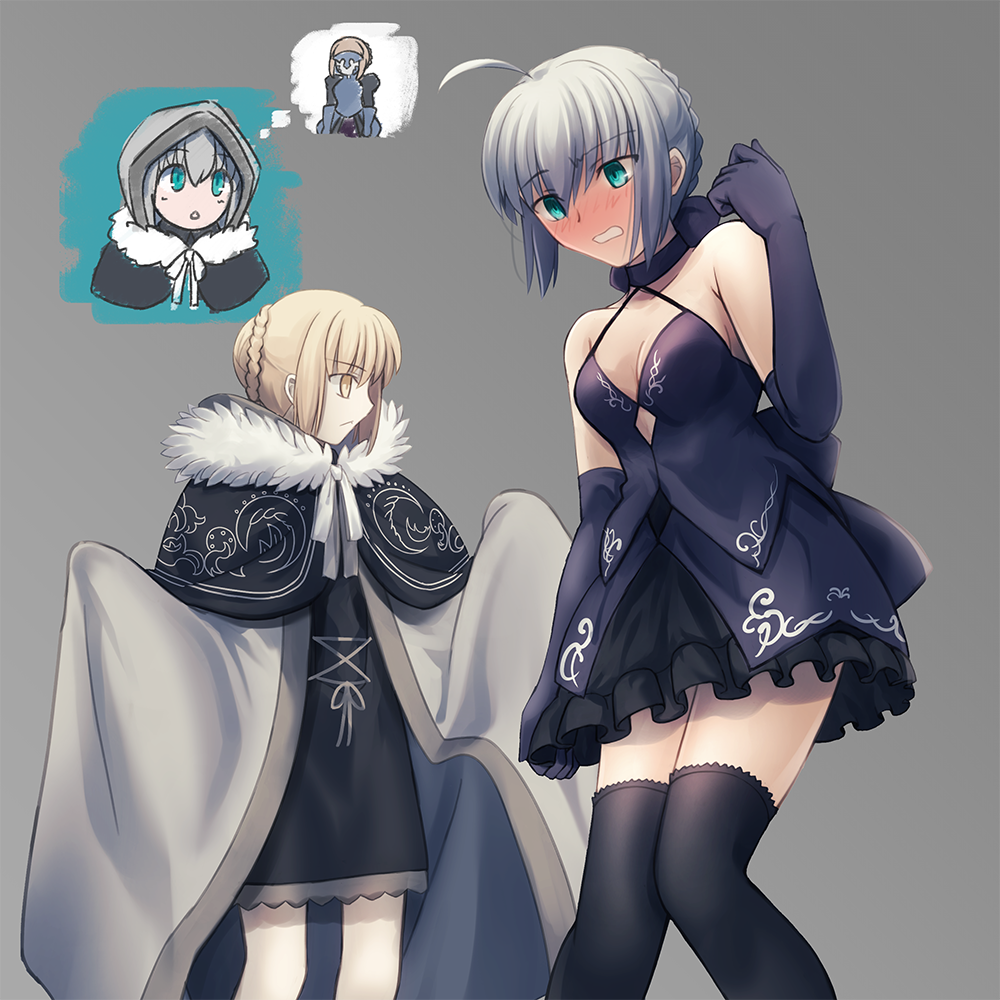 2girls, ahoge, aqua_eyes, artoria_pendragon_(fate), black_dress, black_gloves, black_legwear, blonde_hair, blush, breasts, cape, cloak, commission, cosplay, costume_switch, dress, elbow_gloves, embarrassed, fate/grand_order, fate_(series), fur-trimmed_cape, fur-trimmed_cloak, fur_trim, gloves, gray_(assassin)_(fate), gray_(fate), gray_(lord_el-melloi_ii)_(cosplay), grey_background, grey_cape, grey_hair, hair_bun, hood, hood_up, hooded, hooded_cape, hooded_cloak, lord_el-melloi_ii_case_files, multiple_girls, nose_blush, saber_alter, saber_alter_(cosplay), saber_alter_(final_ascension), shoori_(migiha), short_dress, simple_background, single_hair_bun, skeb_commission, small_breasts, thighhighs, yellow_eyes