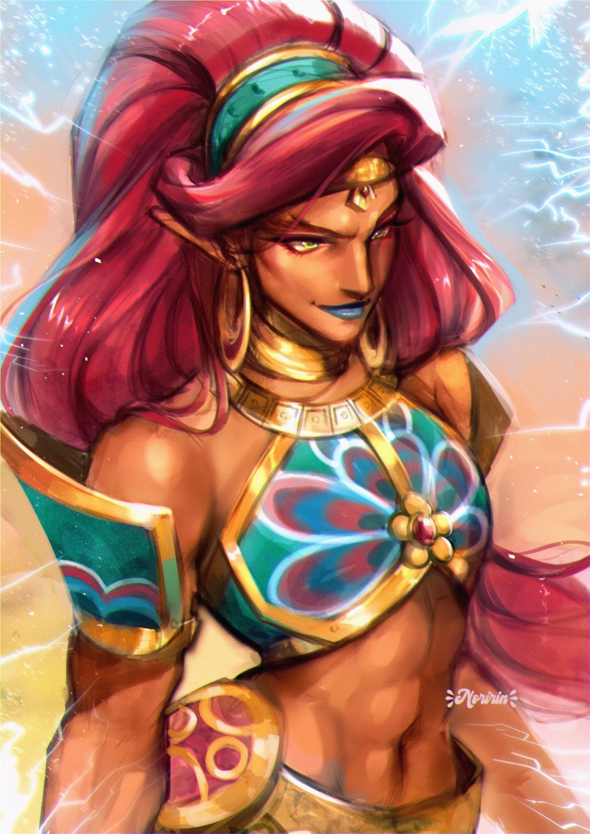1girl, abs, absurdres, blue_lips, breasts, dark_skin, earrings, gerudo