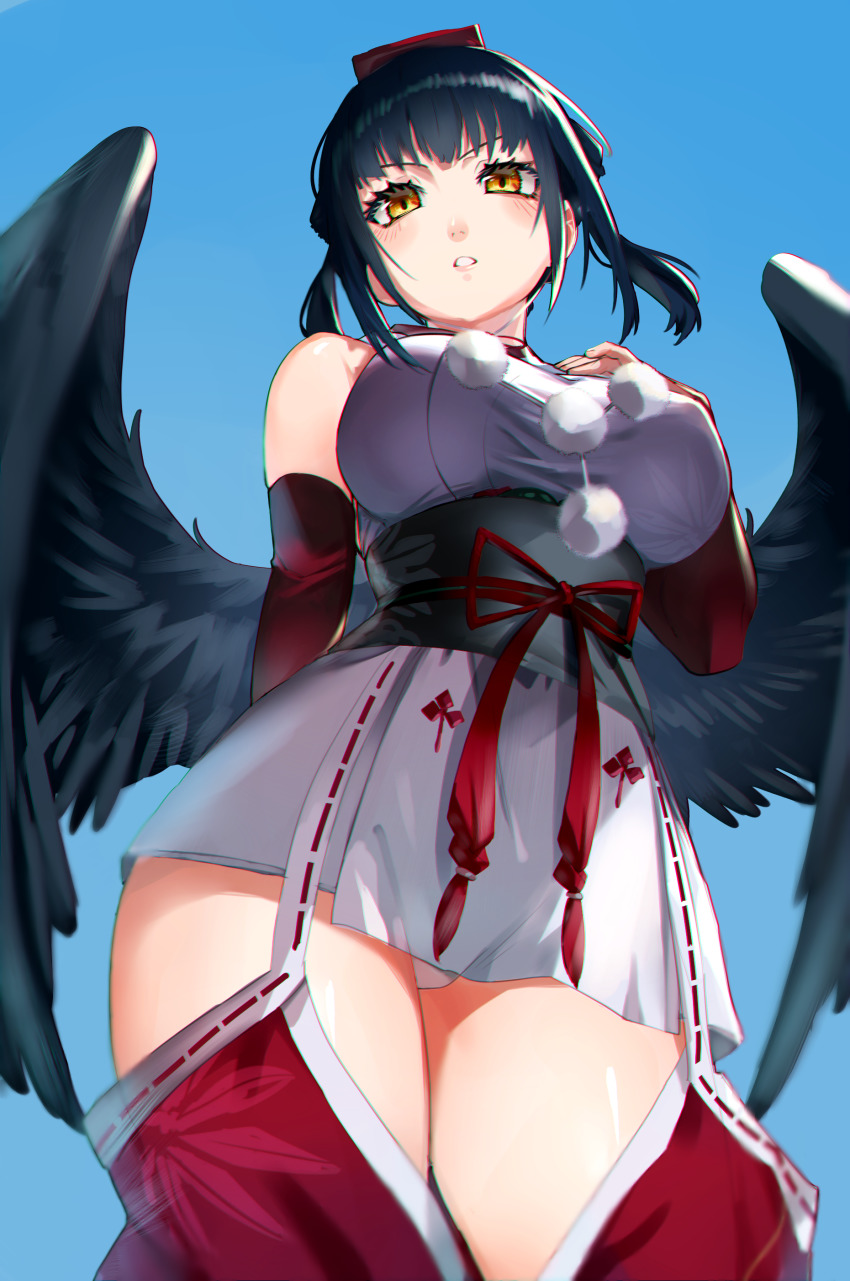 absurdres, black_hair, black_wings, breasts, highres, japanese_clothes, large_breasts, looking_at_viewer, looking_down, medium_hair, murechika, nijisanji, obi, pom_pom_(clothes), sash, solo, tengu, thighs, virtual_youtuber, wings, yamagami_karuta, yamagami_karuta_(1st_costume), yellow_eyes