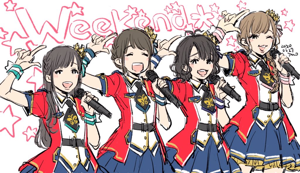 4_luxury_(idolmaster), 4girls, ahoge, baba_konomi, belt, black_belt, black_hair, blue_neckwear, blue_skirt, bob_cut, braid, braided_bun, brown_hair, collared_shirt, cowboy_shot, crown, female_focus, green_neckwear, hair_bun, hair_ornament, hair_ribbon, hirayama_emi, idol, idolmaster, idolmaster_million_live!, idolmaster_million_live!_theater_days, imo_(suruga), jacket, kitakami_reika, kouri_arisa, layered_skirt, light_brown_hair, lineup, messy_hair, microphone, multiple_girls, pink_neckwear, purple_neckwear, red_jacket, ribbon, sakuramori_kaori, shiny_trinity_(idolmaster), shirt, short_sleeves, side_braid, skirt, song_name, standing, star_(symbol), suegara_rie, takahashi_minami_(voice_actor), toyokawa_fuka, voice_actor, white_background, wristband