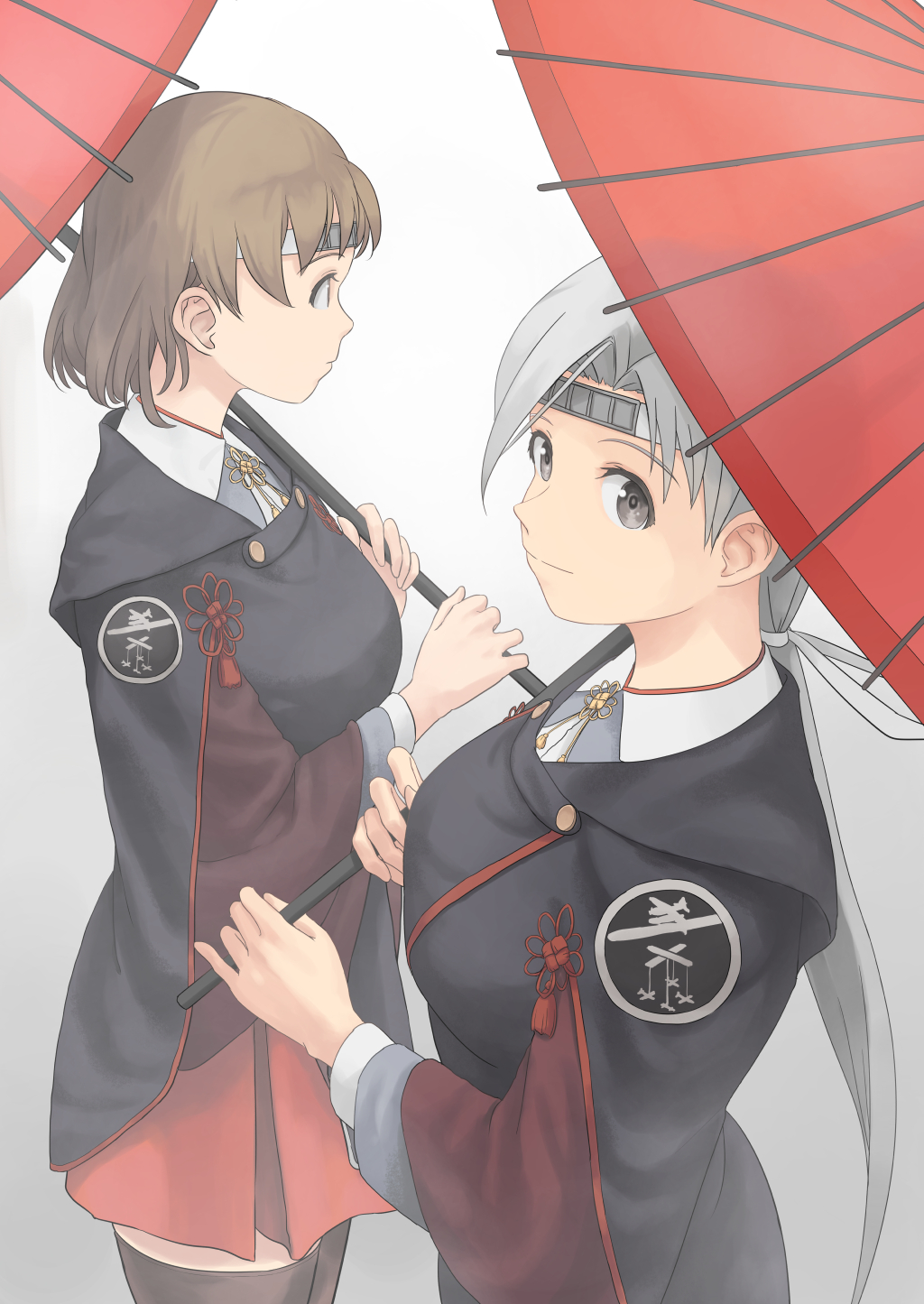 2girls, black_legwear, breasts, brown_hair, chitose_(kancolle), chitose_(rainy_season)_(kancolle), chiyoda_(kancolle), chiyoda_(rainy_season)_(kancolle)