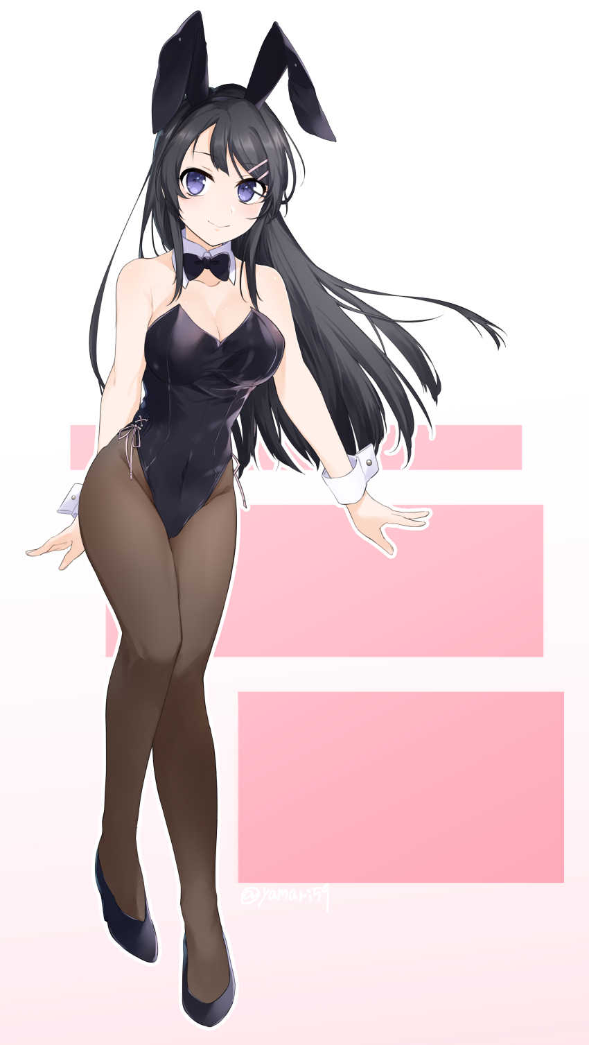 1girl, absurdres, animal_ears, black_bow, black_bowtie, black_footwear, black_hair, black_leotard