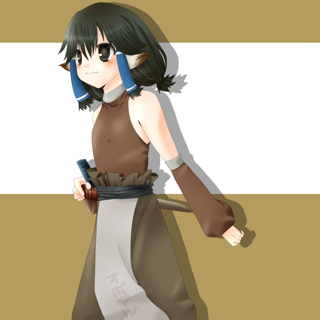 00s, 1girl, ama_(pen_jp), amano(`c_`), animal_ears, aruruu, bad_id, bad_pixiv_id, bare_shoulders, black_hair, blush, cosplay, detached_sleeves, dog_ears, female_focus, flat_chest, oboro_(utawareru_mono)_(cosplay), oboro_(utawarerumono), sheath, solo, utawarerumono