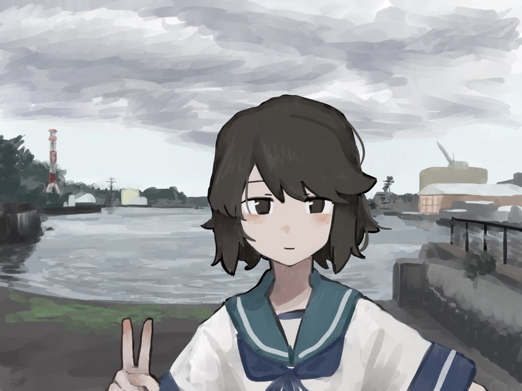 1girl, 4me_4ma, black_hair, blouse, blue_neckerchief, blush, brown_eyes, female_focus